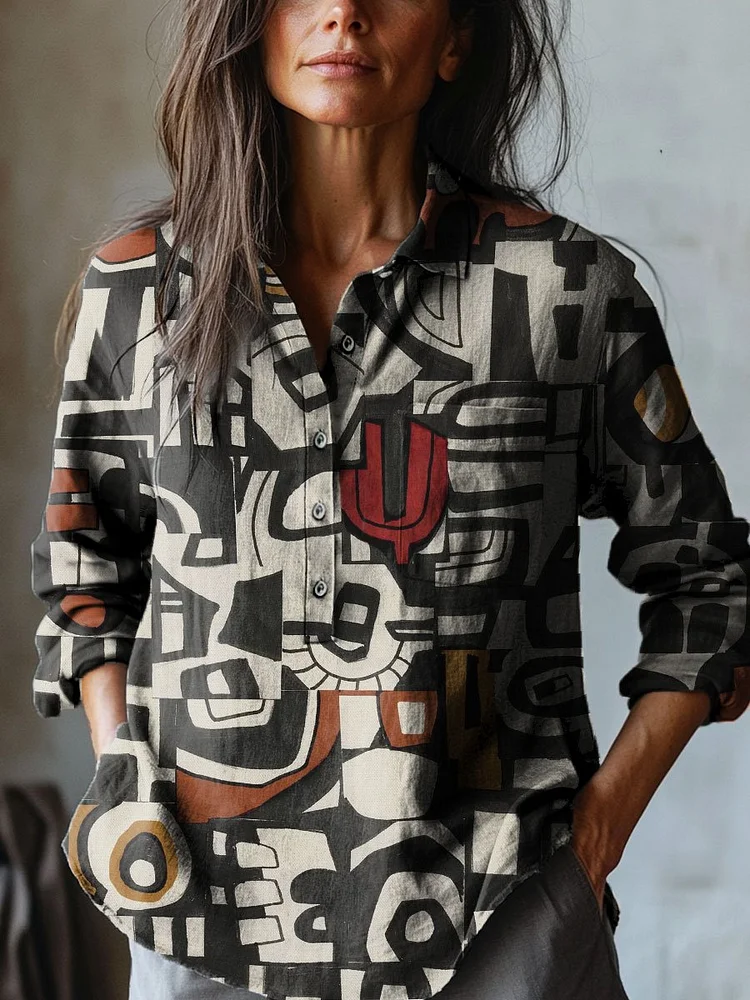 Women's Abstract Geometric Retro Art Print Casual Cotton And Linen Shirt