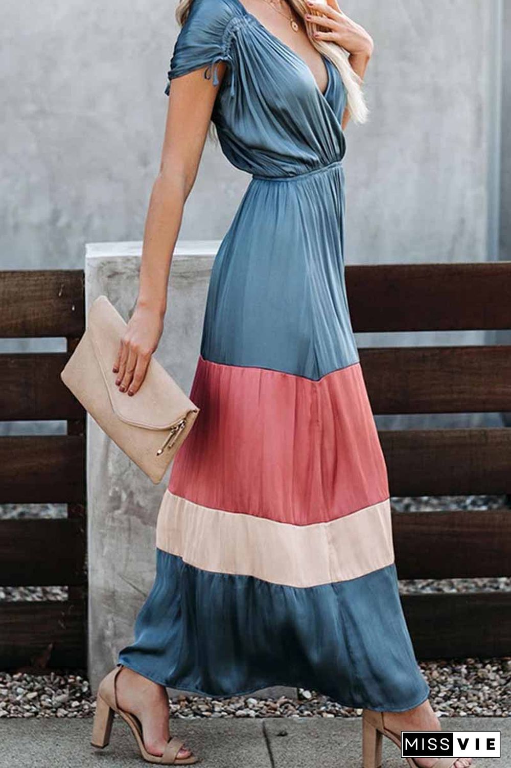 Summer Loose Multicolor Stitching V-Neck Short Sleeves Midi Dress