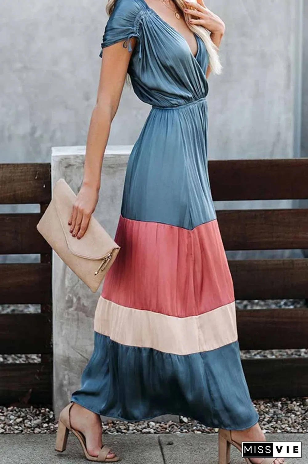 Summer Loose Multicolor Stitching V-Neck Short Sleeves Midi Dress