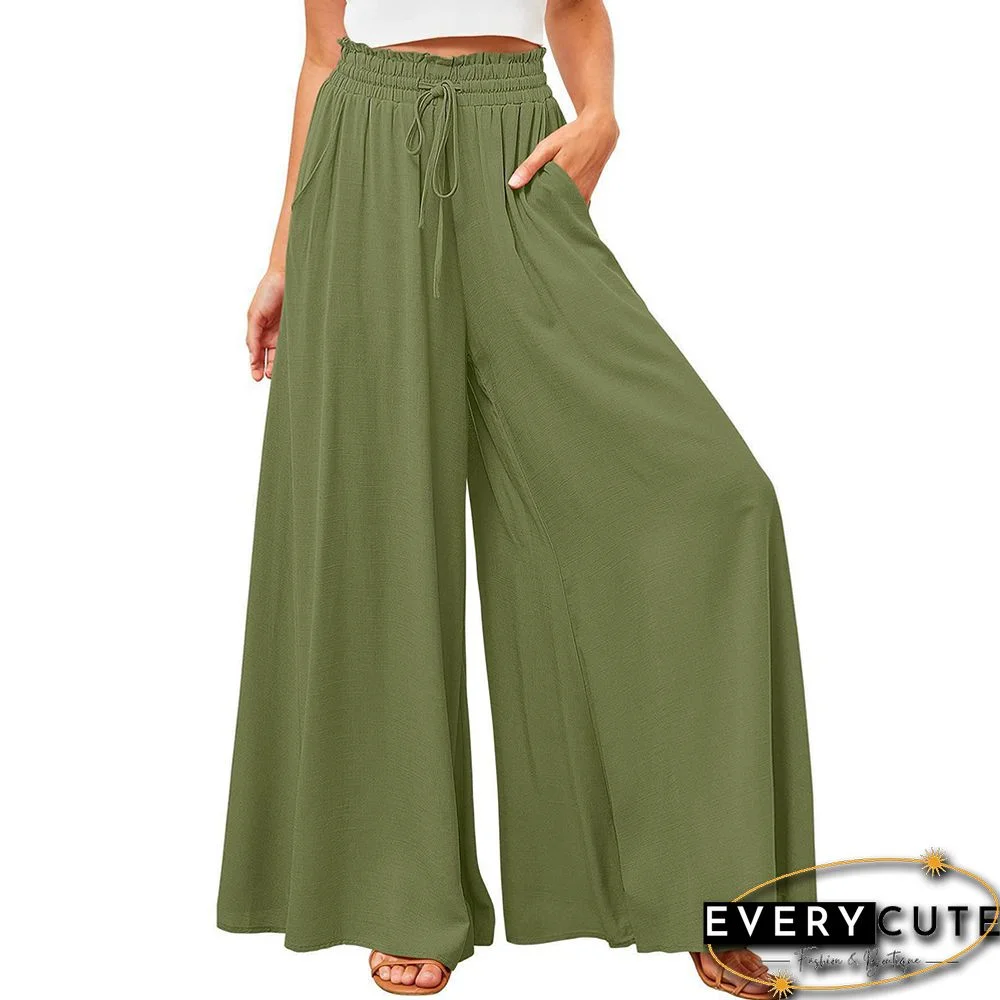 Light Green High Waist Elastic Waistband Long Culottes