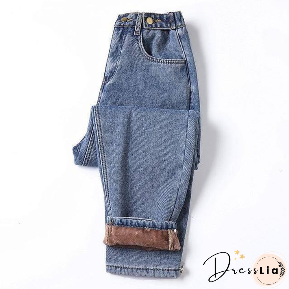 Winter Thick Fleece Warm Loose mom harem pants Jeans Women High waist casual streetwear female blue denim pants Plus size 5XL