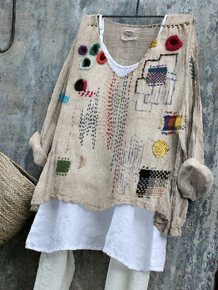 Colorful Embroidered Japanese Sashiko Art Linen Blend Tunic