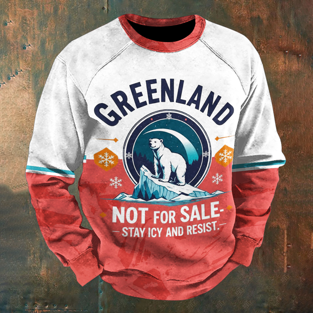 Men's Retro Greenland Not For Sale Stay Icy And Resist Print Sweatshirt artswardrobe