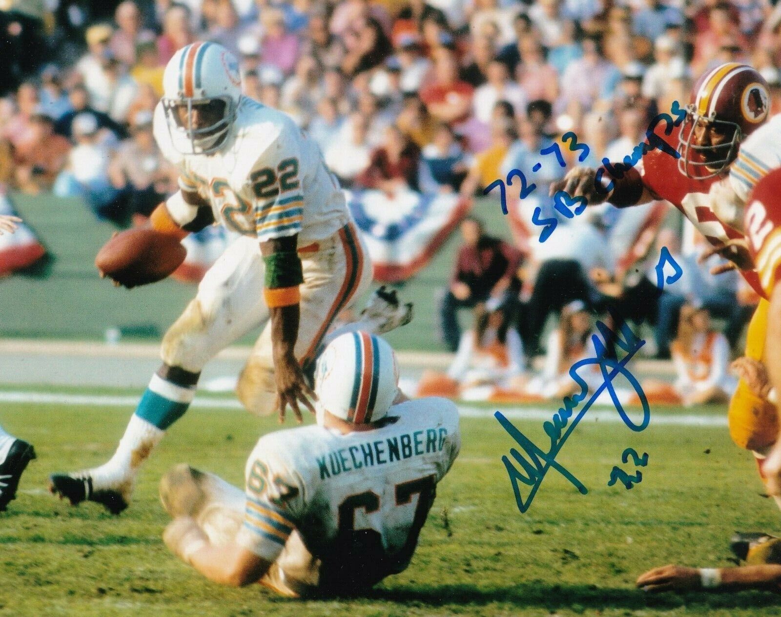 MERCURY MORRIS MIAMI DOLPHINS 72,73 CHAMPS SUPER BOWL ACTION SIGNED 8x10