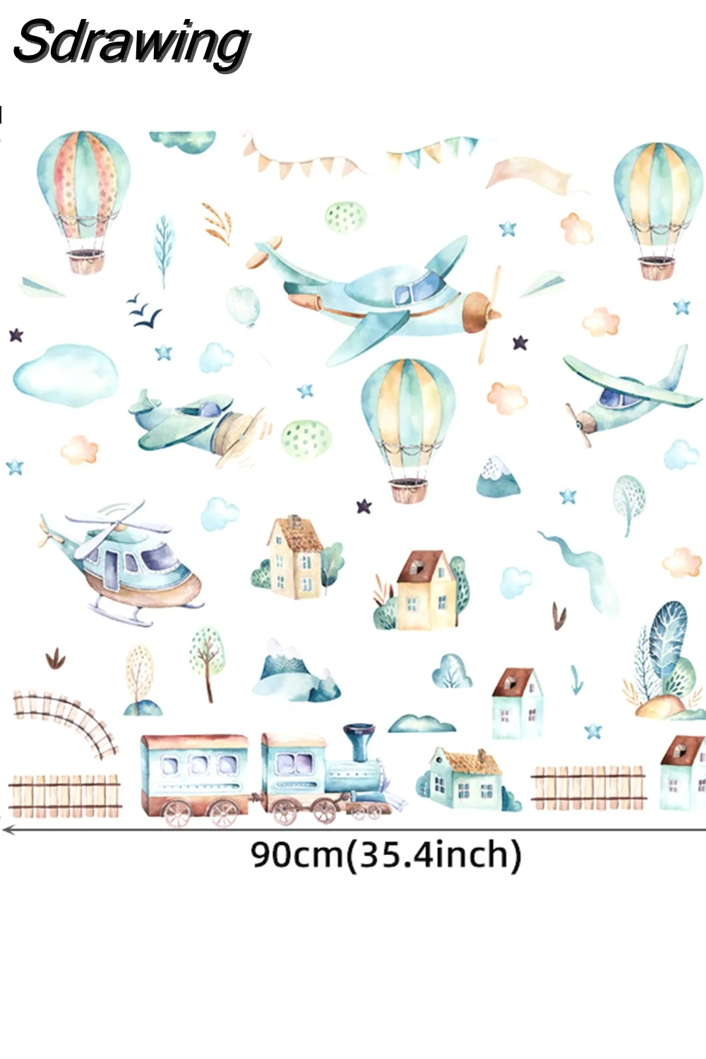 Sdrawing Animals Hot Air Balloon Clouds Wall Stickers Blue Color for Kids Room Baby Nursery Room Wall Decals Boy Room Stickers