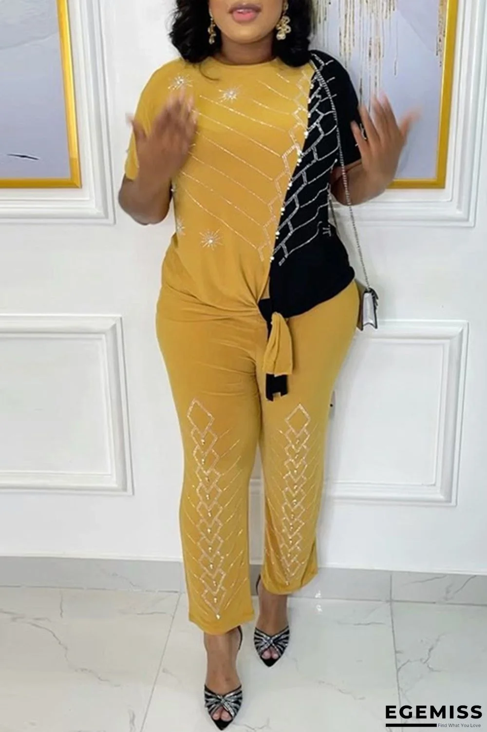 Yellow Fashion Casual Patchwork Hot Drill O Neck Plus Size Two Pieces | EGEMISS