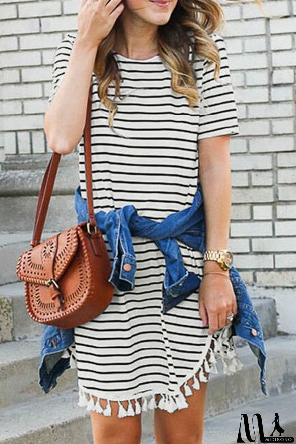 MidiSono - Crew Neck Striped T-shirt Mini Dress with Tassel