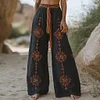 Bohemian Casual Holiday Style Linen Long Loose Wide-leg Pants by Inlyline
