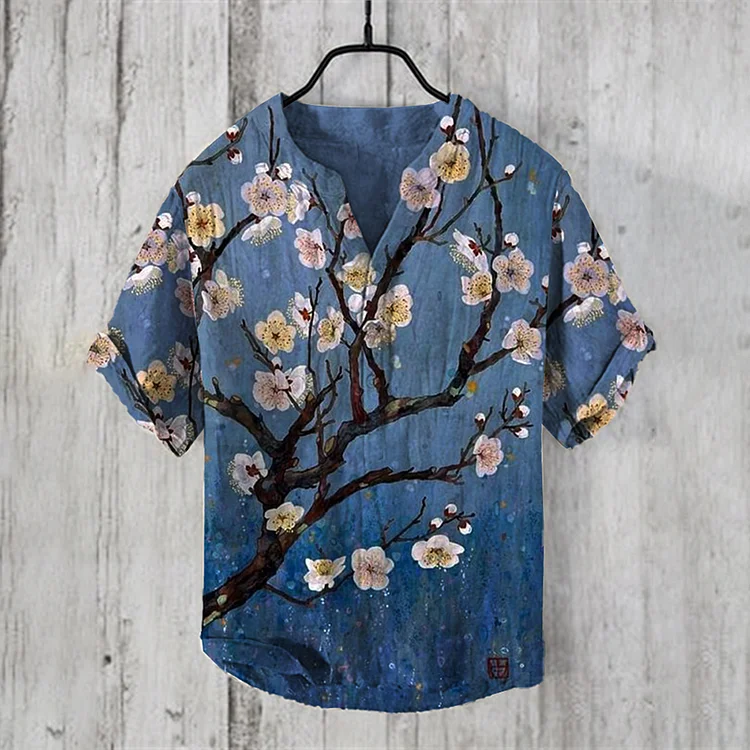 Comstylish Men's Vintage Japanese Art Plum Blossom Casual Linen Blend Shirt