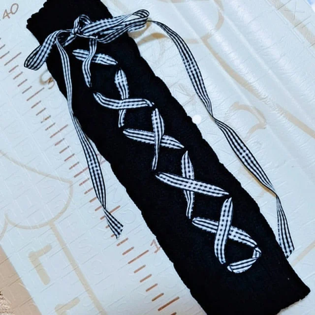 Black/White Cool Warm Calf-length Drawstring Stripe Plaid Ribbon Bow JK Socks SP16875