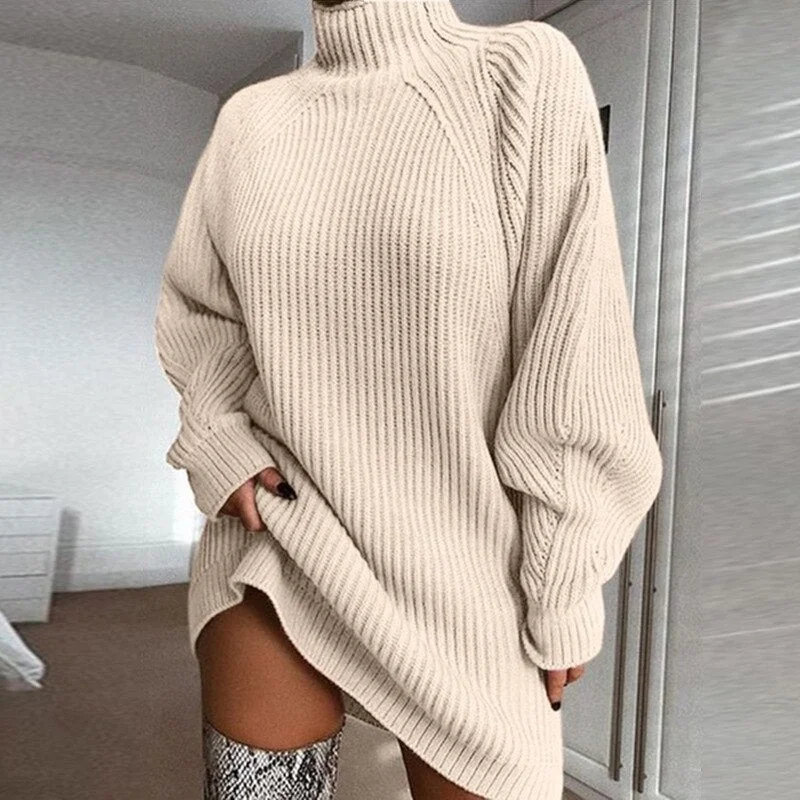 2019 New Turtleneck Long Sleeve Sweater Dress Women Autumn Winter Loose Tunic Knitted Casual Pink Gray Clothes Solid Dresses
