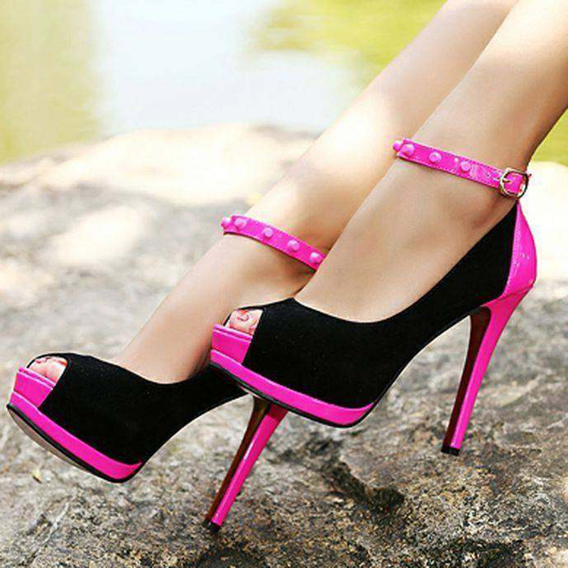 GOOSHOE Black & Fuchsia Peep Toe Platform Studs Heels Pumps