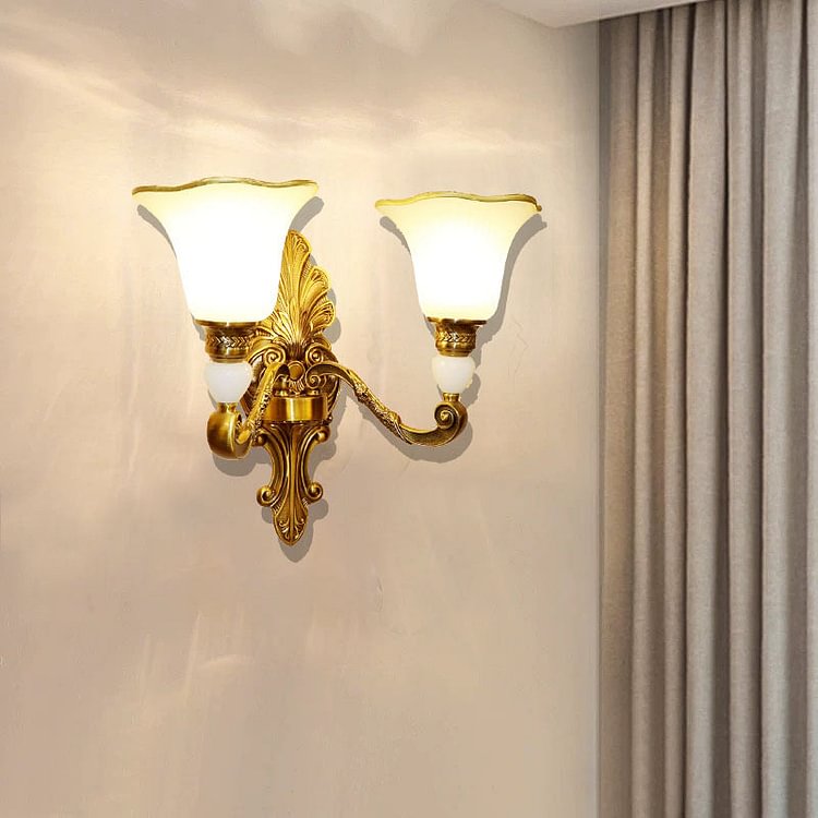2 Heads Petal Sconce Lamp Traditional Style Frosted Glass Wall Lighting with Gold Metal Arm