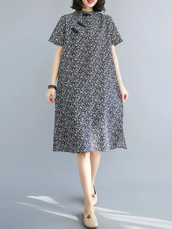 Artistic Retro Floral Printed Stand Collar Short Sleeves Cheongsam Midi Dress