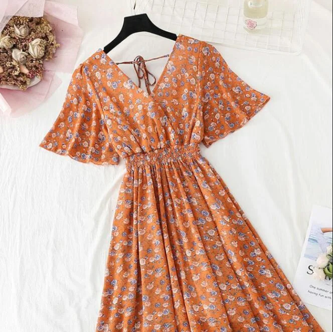 Summer Vintage Floral Chiffon Long Dress Sexy V-neck Ruffle Boho Dresses 2021 Elegant Women Party Short sleeve Dress Vestidos