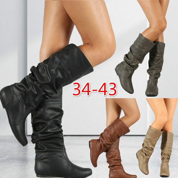 Ladies Winter Casual Flats Outdoor Non-slip Booties Fashion Solid Color Flat Heel Long Boots Women PU Leather Pointed Toe Knee High Boots 34-43 - Life is Beautiful for You - SheChoic