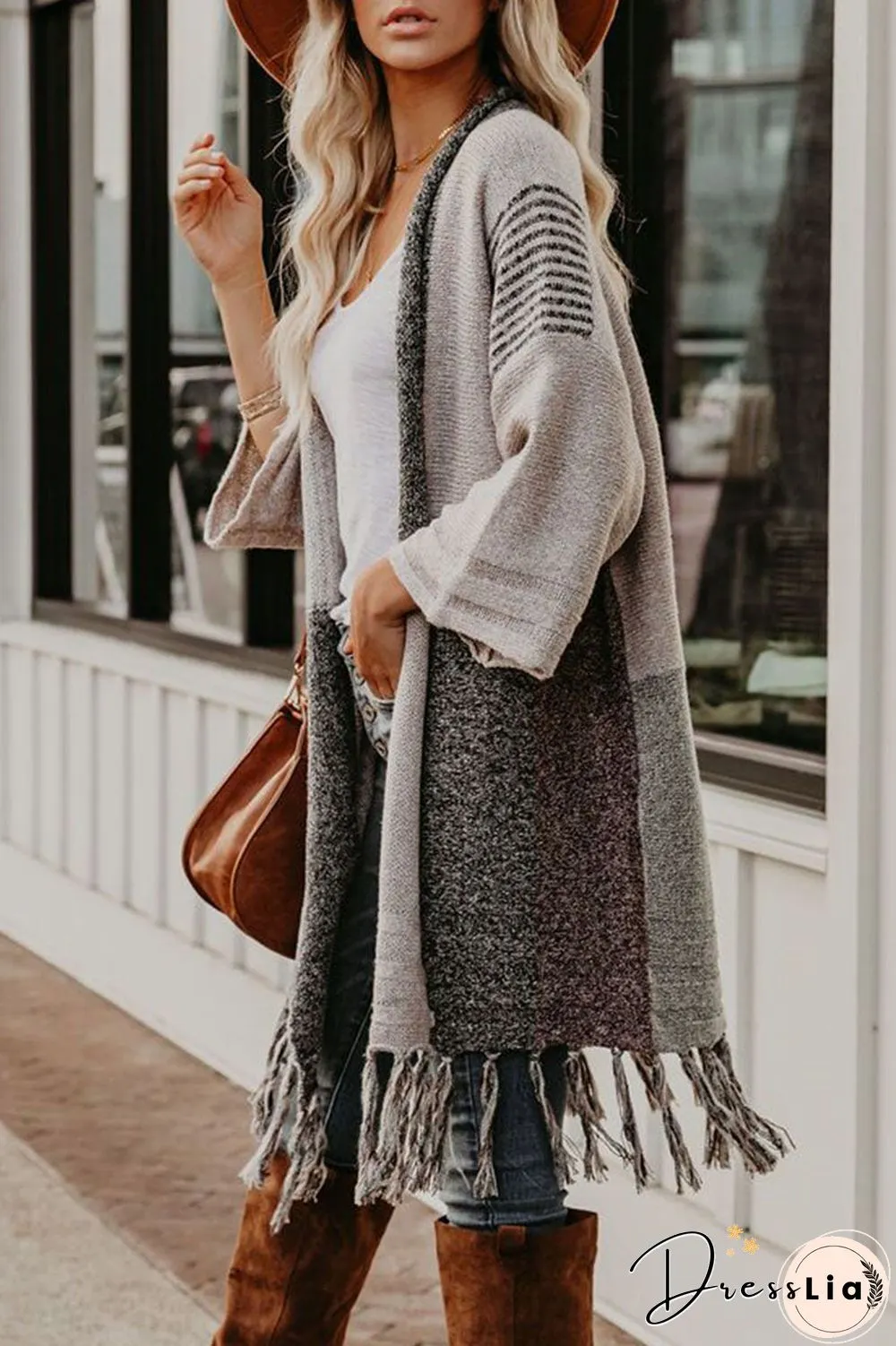 Fringe Colorblock Open Front Cardigan