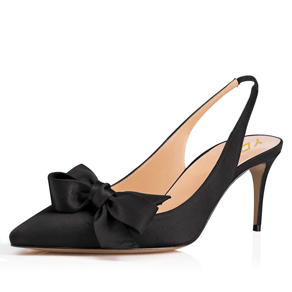 Black Satin Pointed Toe Stiletto Heel Slingback Pumps with Side Bow Nicepairs