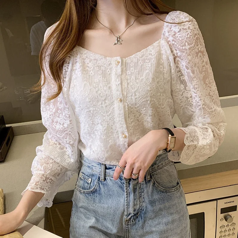 Korean Style Elegant Lace Blouse Shirt Women Spring Square Collar Long Sleeve Hollow Out Floral Feminine Blouses Tops Blusas