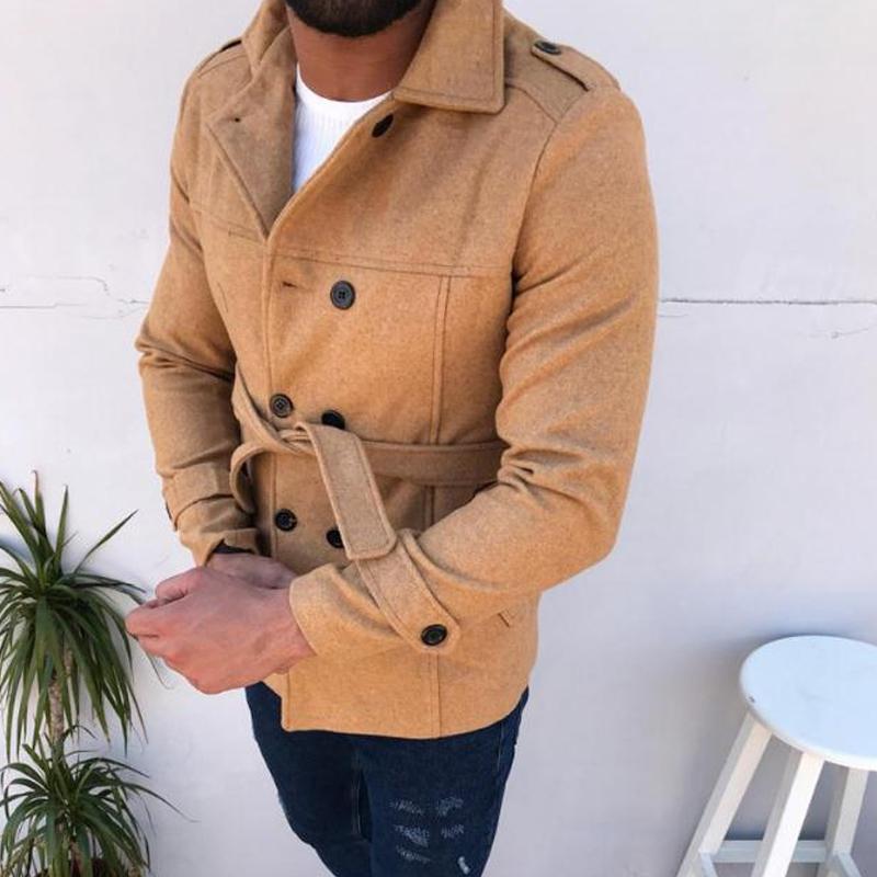 Men's Solid Color Long-sleeved Woolen Double-breasted Trench Coat