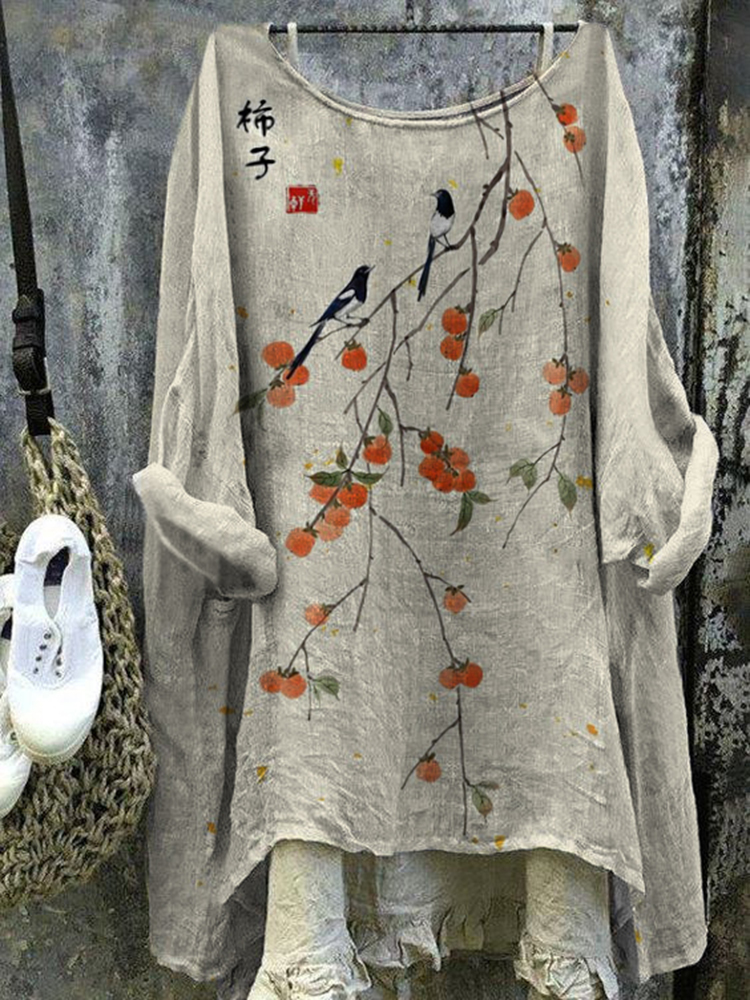 Comstylish Women's Japanese Art Birds Loose V Neck Casual Shirt