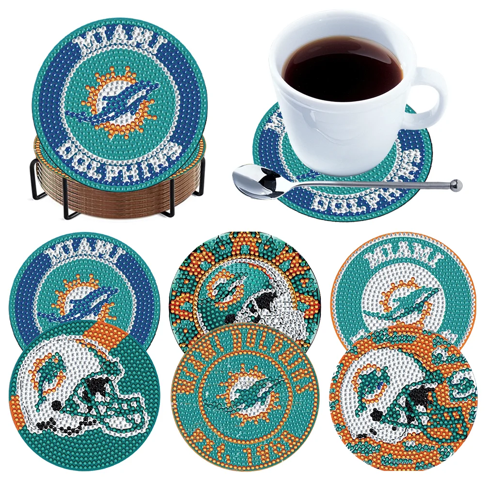 Miami Dolphins 6pcs DIY Diamond Painting Acrylic Coasters Holder for Beginner Adult