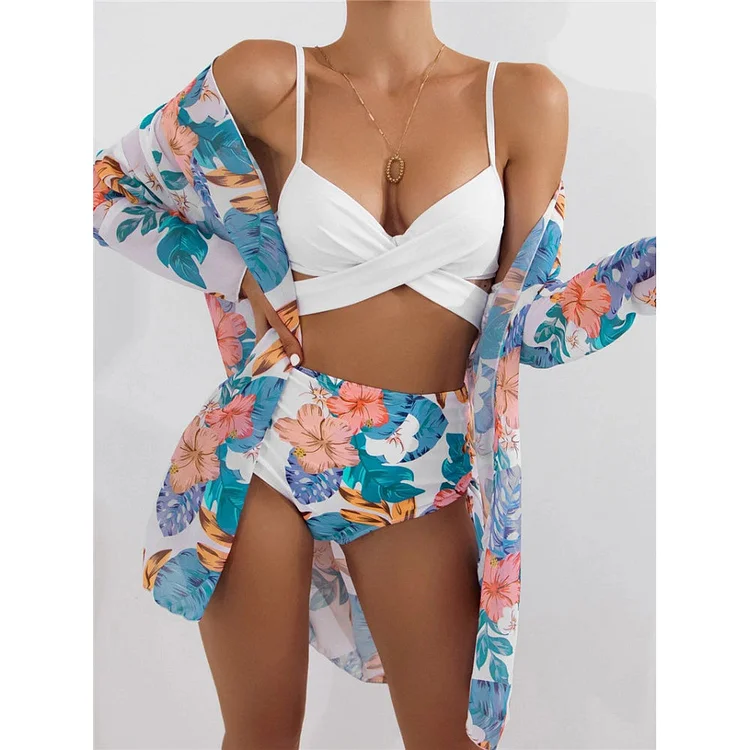 Sling Flower Leaf Jungle Printed Sexy Bikini Swimsuit Three-piece Set