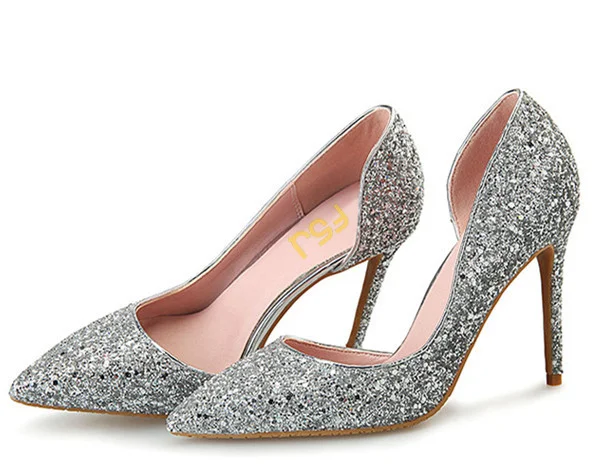 Silver Sparkly Heels Pointy Toe Stilettos Glitter Pumps |FSJ Shoes
