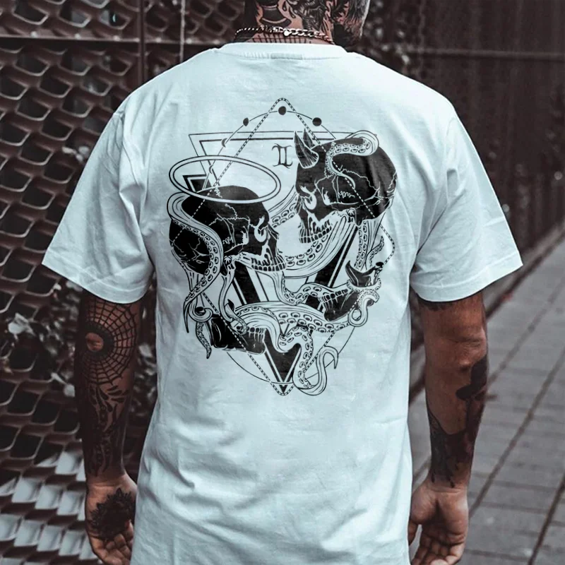 Skull art print crew neck casual t-shirt -  