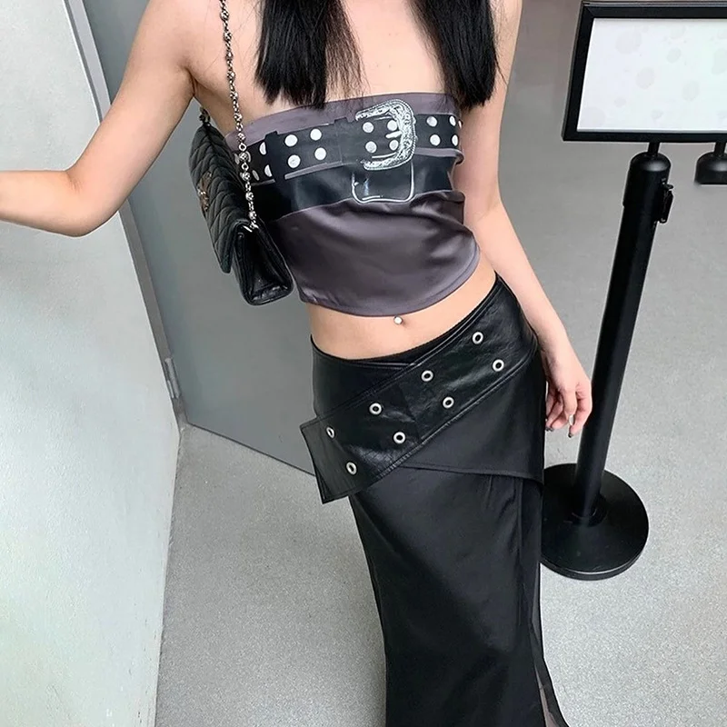 Toloer Toloer Summer New Women's Leather Buckle Print Chest Wrapped Small Vest Belt Slit Skirt-Outfit Ideas