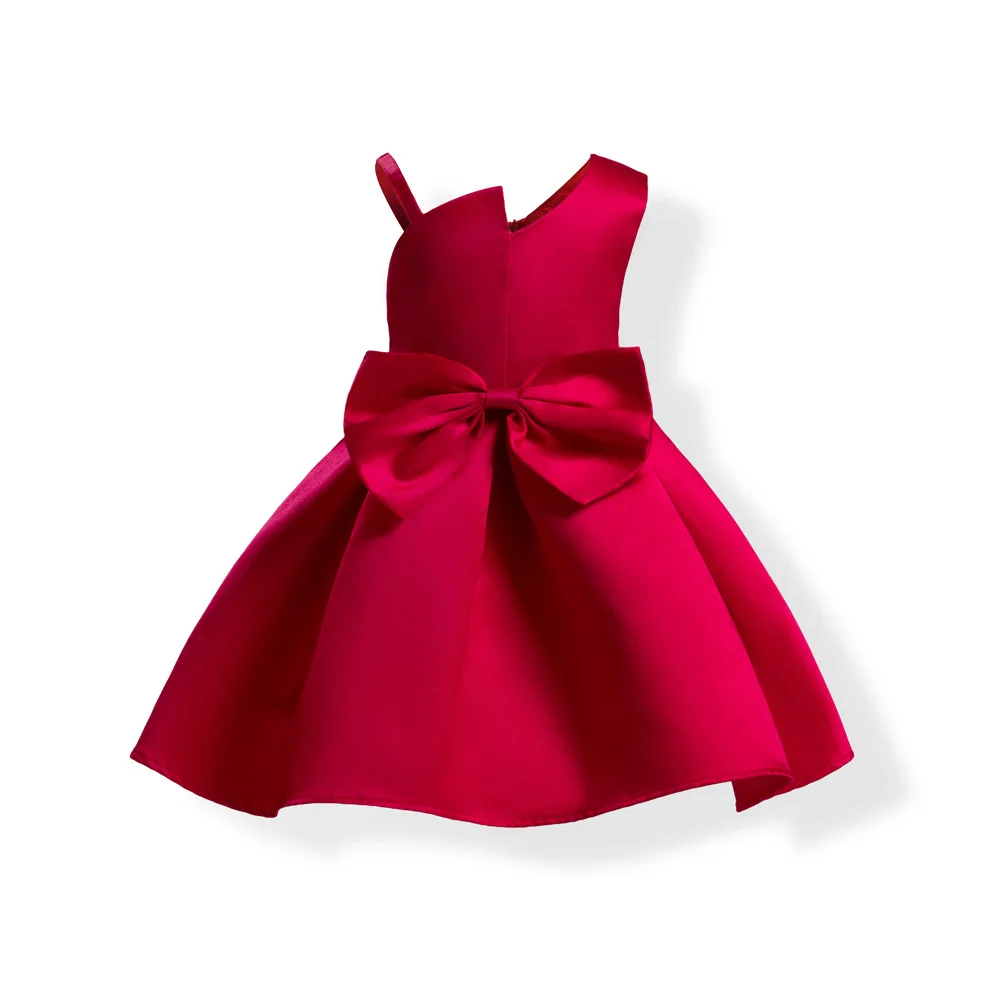 Buzzdaisy Solid Color Princess Dress For Girl Asymmetric Neck Bow-Knot Irregular Design Sleeveless Cute Cotton Costumes Dress Daily Wear