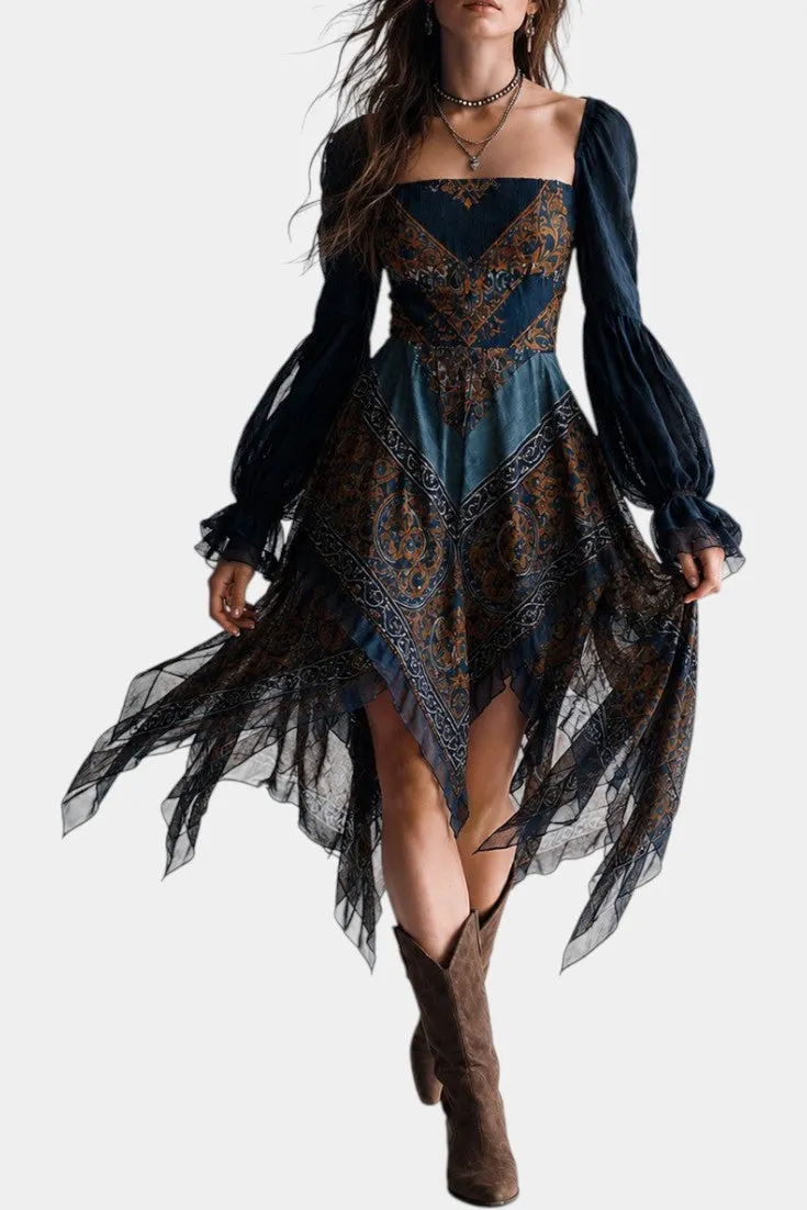 Asymmetric Paisley Midi Dress with Puffed Sleeves