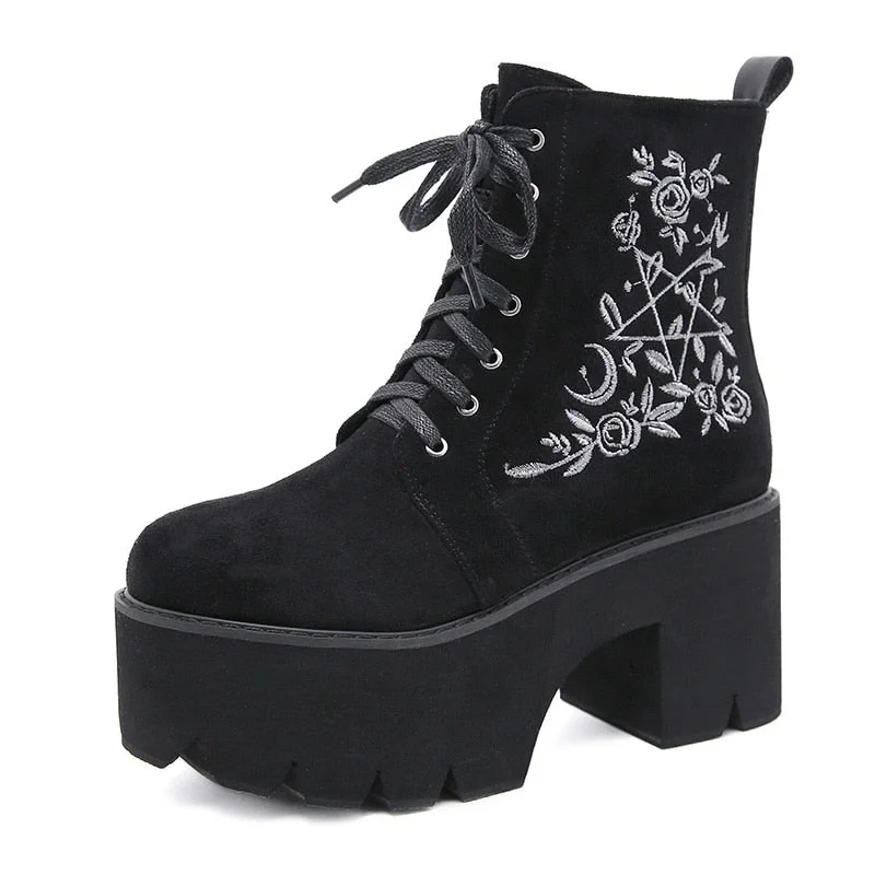 Gdgydh Fashion Flower Platform Boots Chunky Punk Suede Leather Womens Gothic Shoes Nightclub Lace Up Back Zipper High Quality