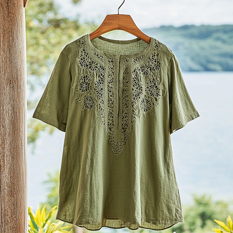 Lunivibe Women's Lace Floral Design Linen Button Shirt