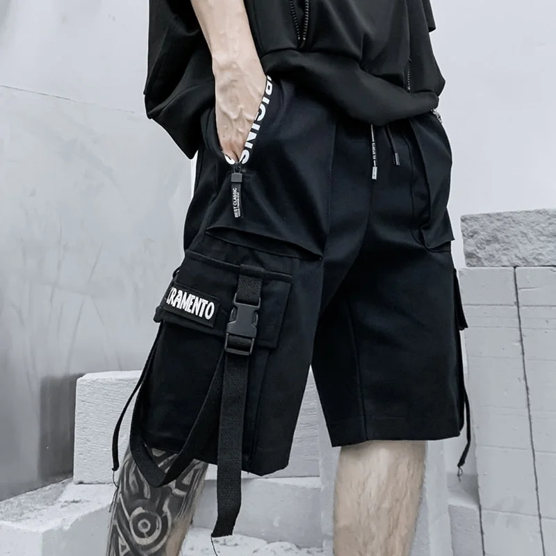 2021 Summer Shorts Cargo Pants Men’s Harajuku Fashion Streetwear Hip Hop Punk Men Trousers Ribbons Sports Military Shorts Black