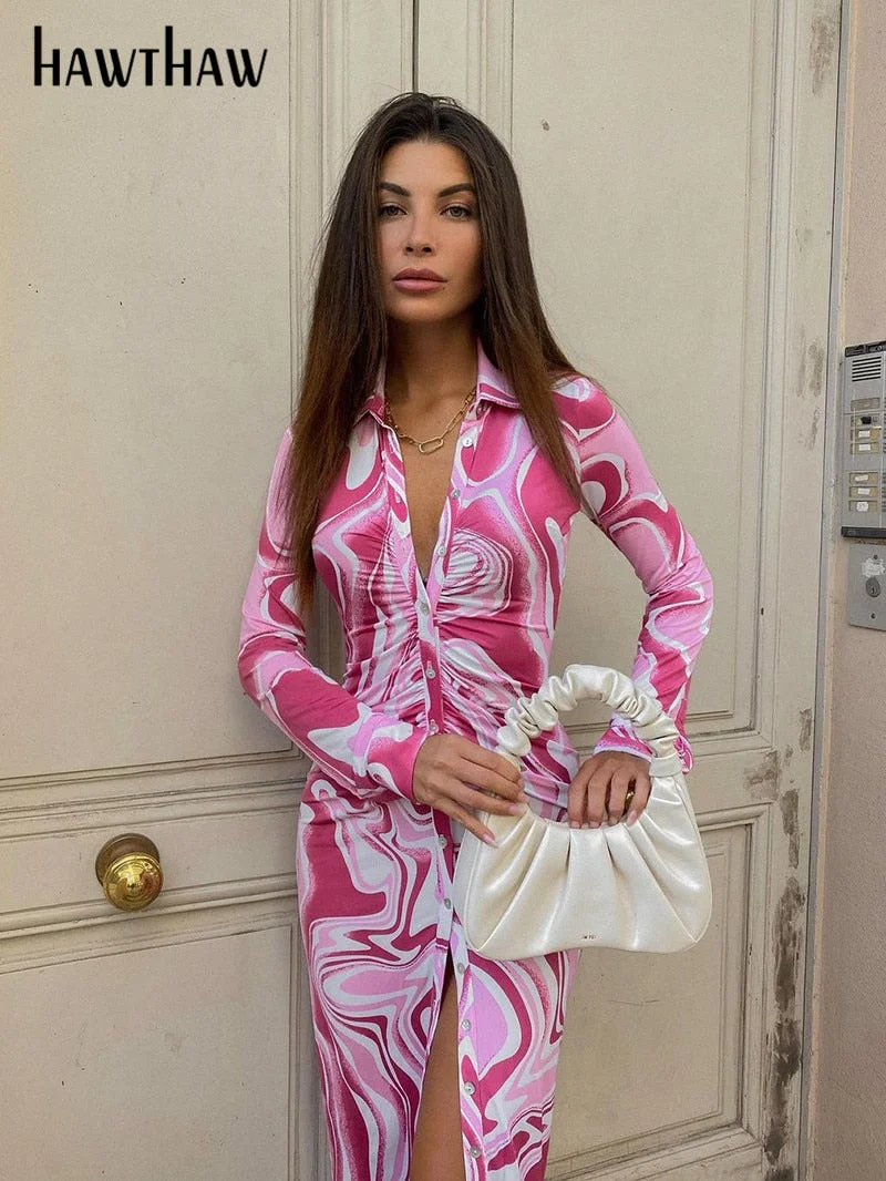 Hawthaw Women Autumn Winter Long Sleeve Printed Bodycon Pink Pencil Midi Dress Streetwear 2021 Fall Wholesale Lots Bulk Clothes