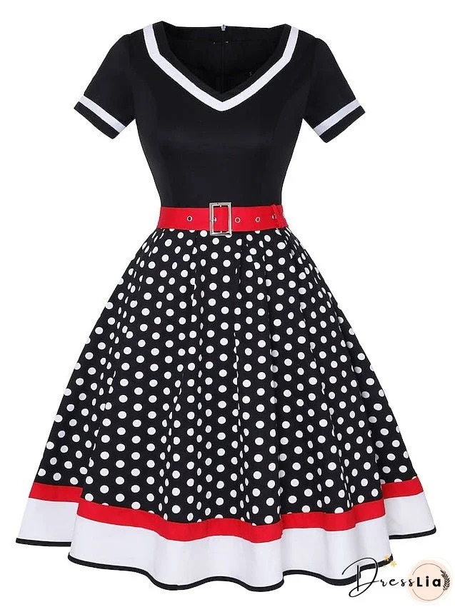 Casual Dress Swing Dress Skater Dress Midi Dress Black White Pink Short Sleeve Dot Print Spring Summer V Neck Vintage Style Party S M L XL XXL XXXL 4XL for Women