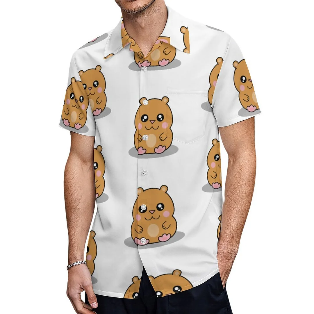 Short Sleeve Kawaii Hamster Cartoon Hawaiian Shirt Mens Button Down Plus Size Tropical Hawaii Beach Shirts