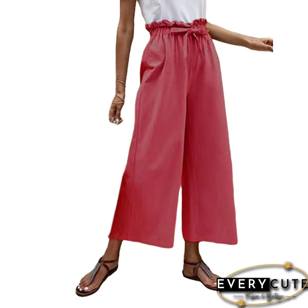 Red Ruffle Tie Waist Wide Leg Cropped Pants