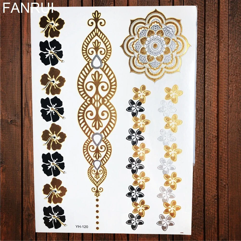 Golden Metallic Bracelet Temporary Tattoo Henna Mandala Flower Girl Tattoo Stickers Indian Chain Women Arm Flash Fake Tatoos Leg