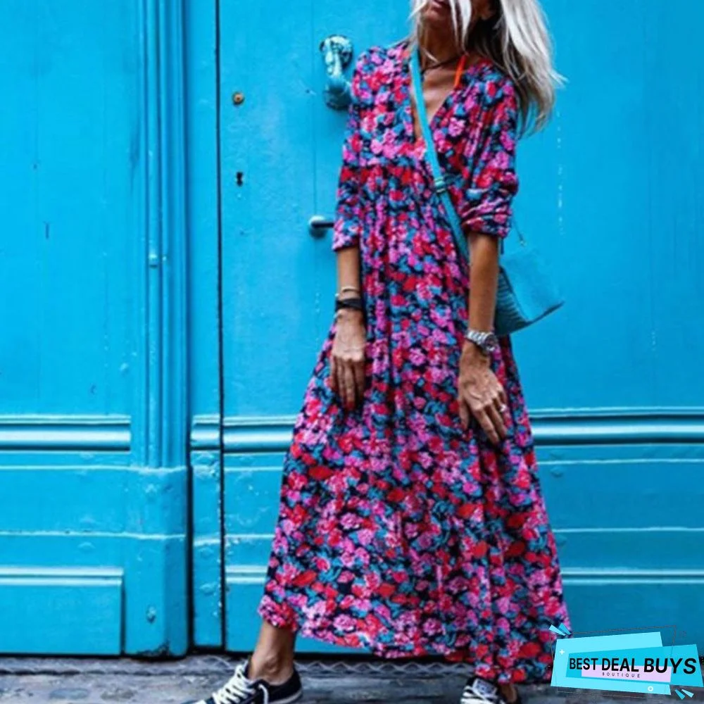 Women's New Floral V-Neck Elegant Long-Sleeved Dress In Early Autumn