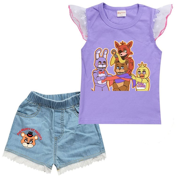 Five Nights At Freddys Print Girls Tank Top Denim Shorts Suit Sets-Mayoulove