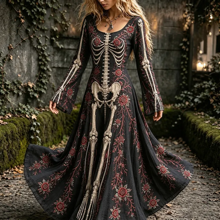Women's Vintage Halloween Gothic Skeleton Roses Floral Art Print Long Sleeve Linen Maxi Dress