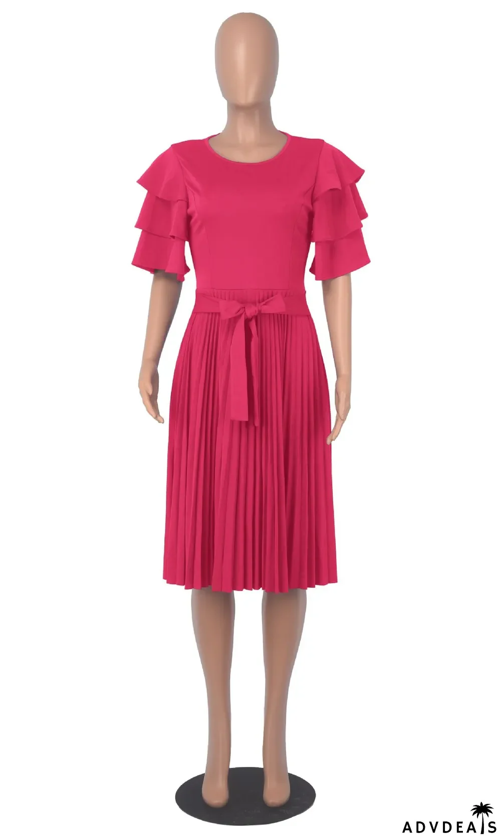 Summer Women Round Neck Ruffle Short Sleeve Pressed Pleated Dress