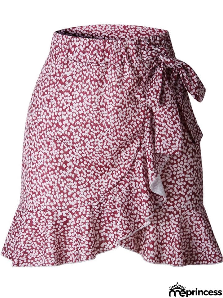 New Summer Multi Dot Print Slim Ruffle High Waist Bow Tie Skirts