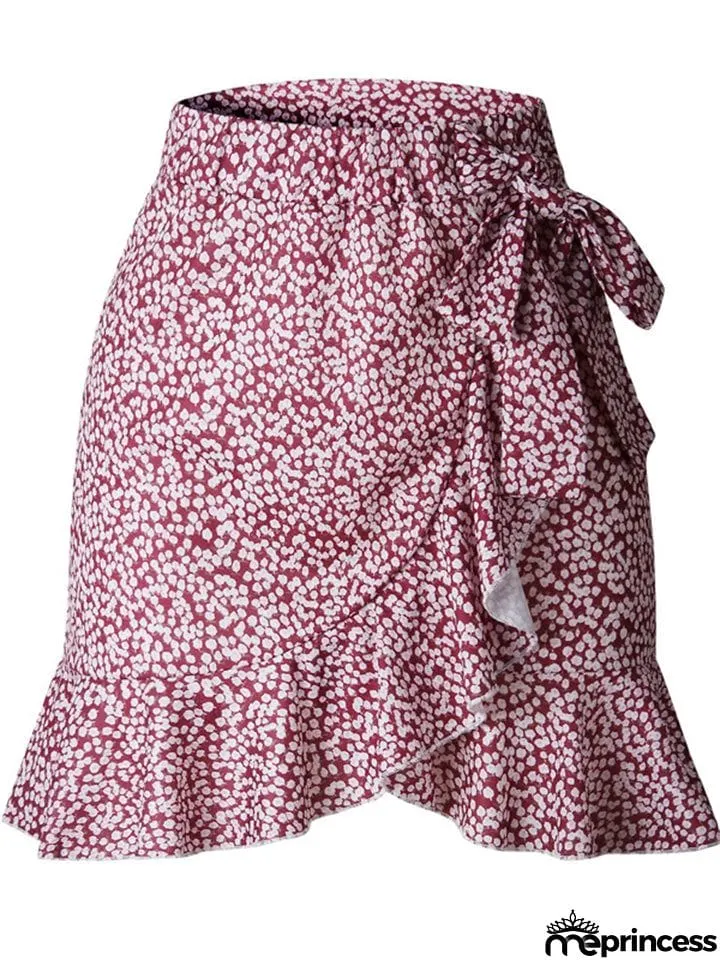 New Summer Multi Dot Print Slim Ruffle High Waist Bow Tie Skirts