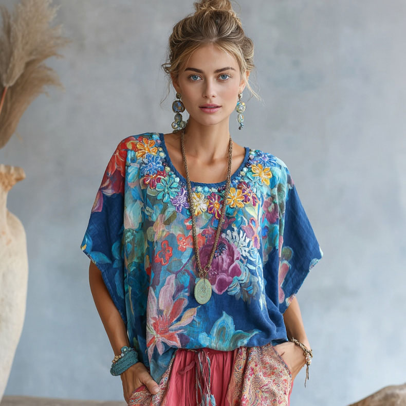 Women's Colorful Floral Art Print Linen Blend Casual T-shirt elevenforest
