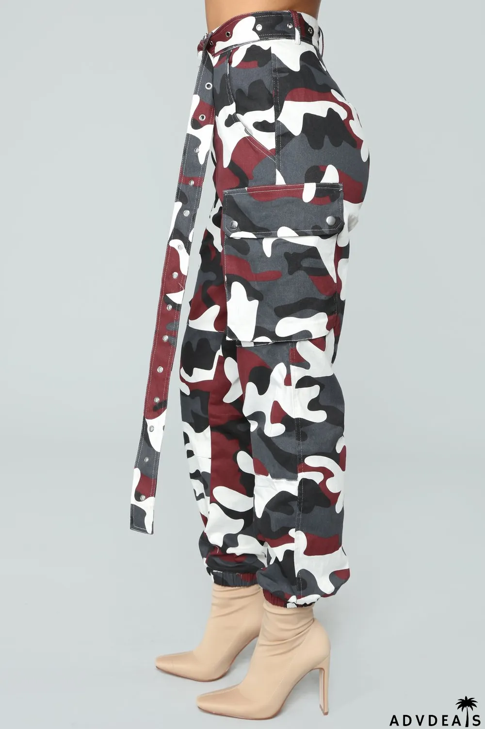 Spring High Waist Camou Cargo Pants with Belt