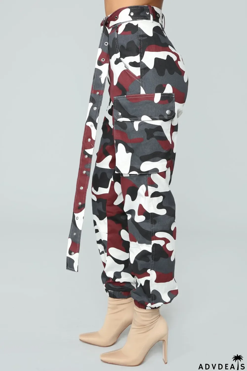 Spring High Waist Camou Cargo Pants with Belt