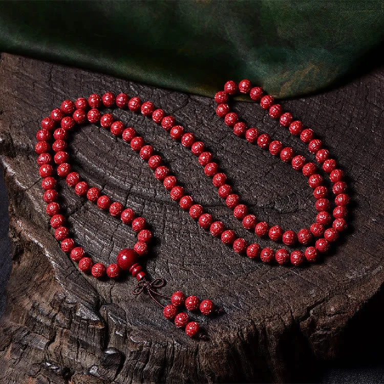 Cinnabar 108 Mala Beads Om Mani Padme Hum Pattern Engraved Blessing Bracelet